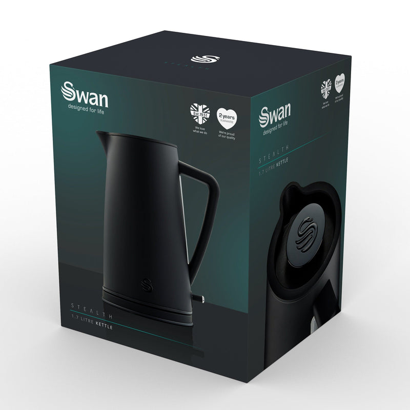 Dark green and black 3-D box packaging for Swan's 1.7 Litre Stealth Kettle