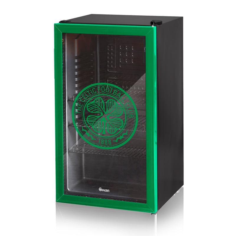 Celtic Green Glass Front Under Counter Fridge with Celtic logo against a white background