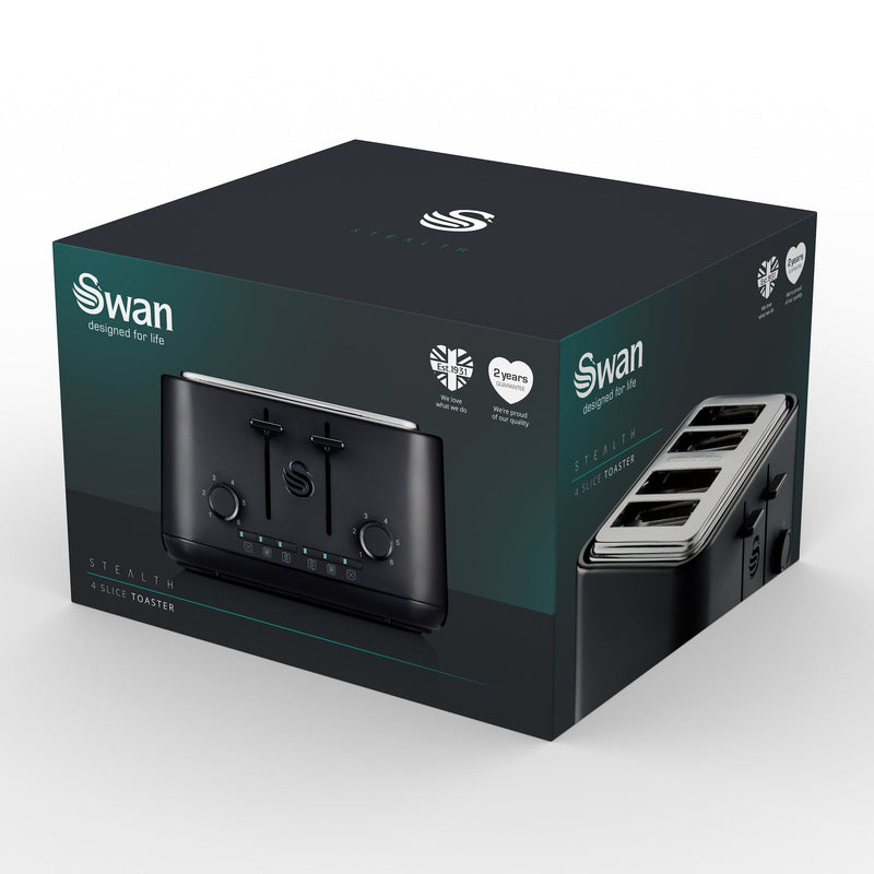 Dark green 3-D box packaging of Swan's Stealth 4 Slice Toaster