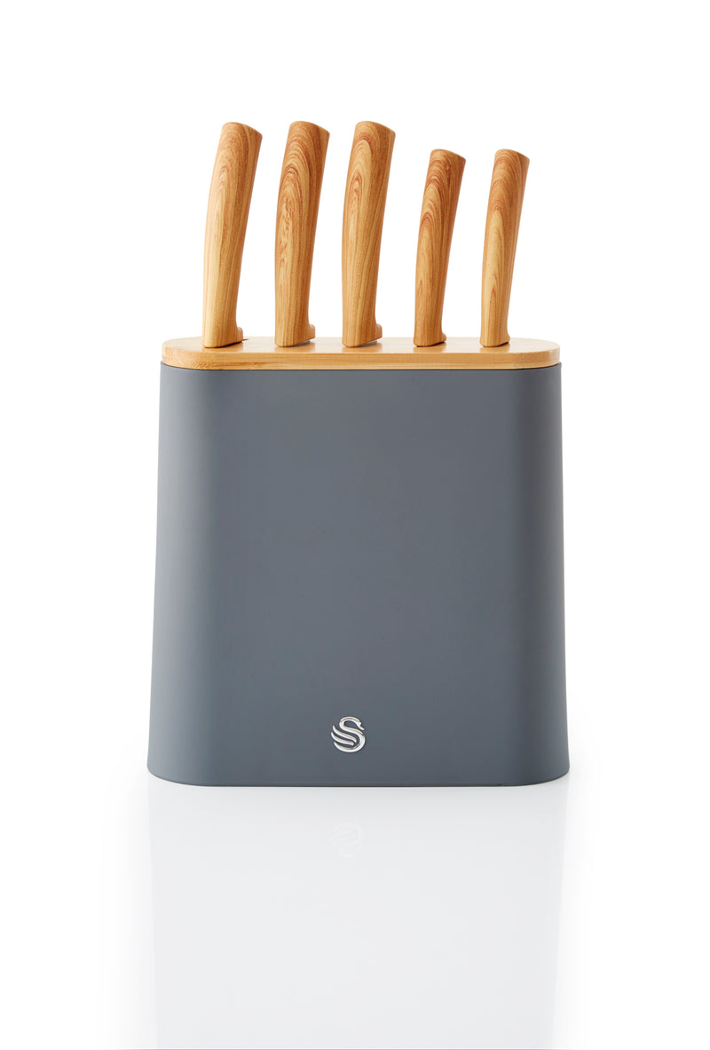 Slate Grey Nordic Knife Block with set of five knives against a white background