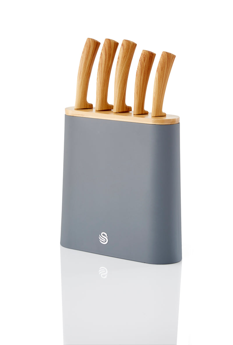 Slate Grey Nordic Knife Block with set of five knives against a white background