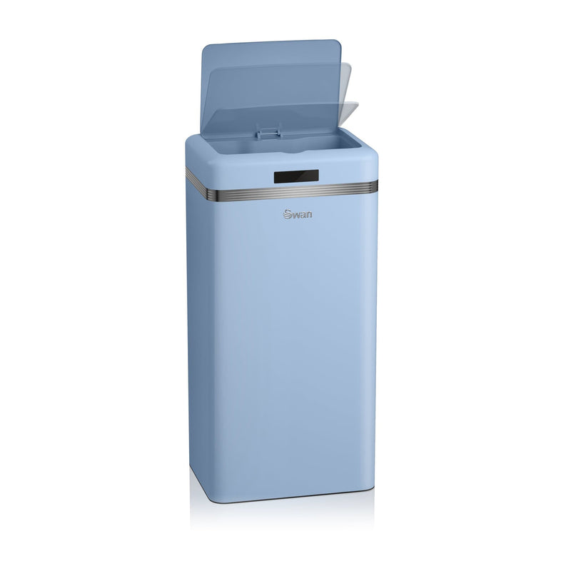 Swan Blue Retro 45L Square Sensor Bin Front View with moving lid