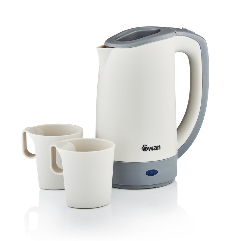 White Swan Travel Kettle with grey accents and two travel cups