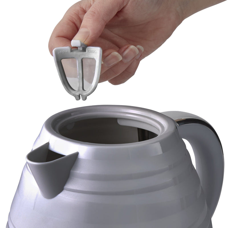 Man changing filter on his grey Swan Symphony 1.7 Litre Jug Kettle against a white background