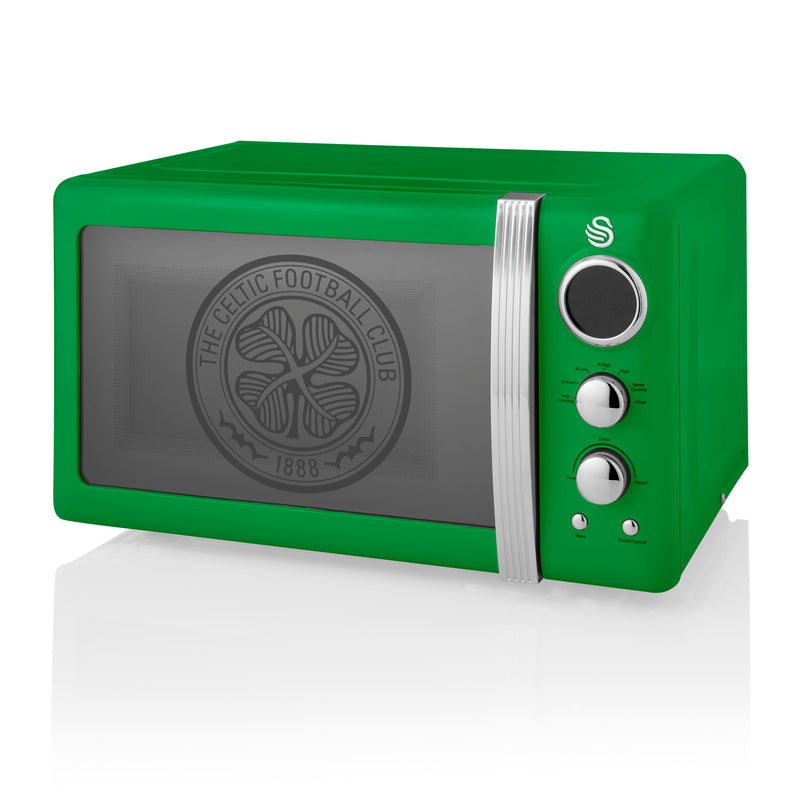 Green Celtic 800W Microwave with a celtic logo on the microwave door against a white background