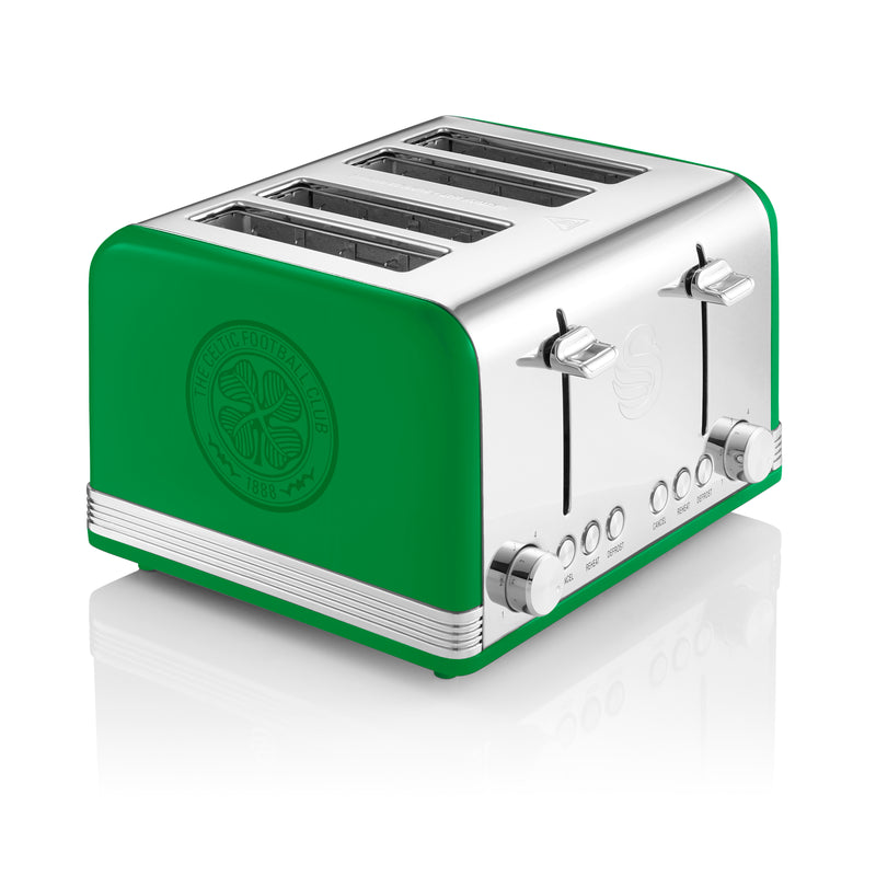 Celtic 4 Slice Green Toaster with celtic football club logo against a white background