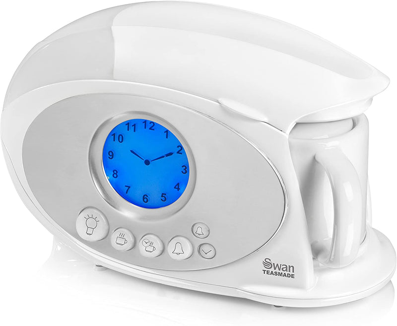 White Swan Teasmade with blue/purple LED clock and setting buttons