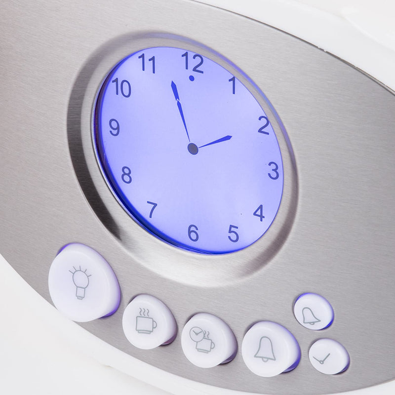 Close up of the white Swan Teasmade clock and settings