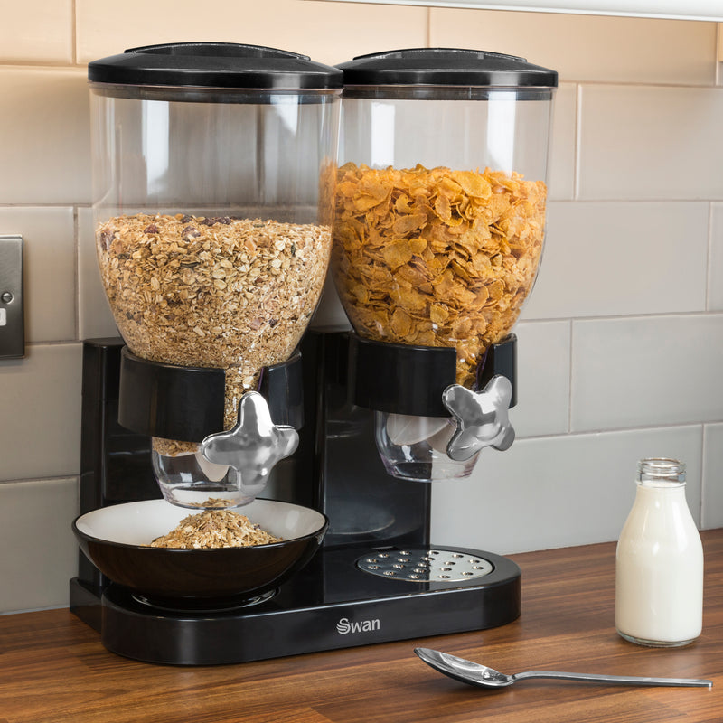 3.5L Double Cereal Dispenser Black in a white tiled kitchen on a dark wooden counter