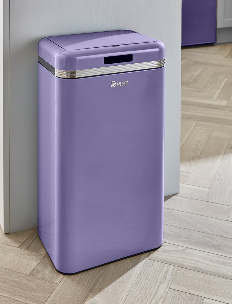 Purple Swan Retro 45L Square Sensor Bin in a kitchen against a grey fridge