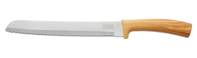Close up of the Swan stainless steel Nordic bread knife with a wood-style handle against a white background