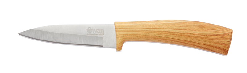 Close up of one of the Swan stainless steel Nordic knives with a wood-style handle against a white background